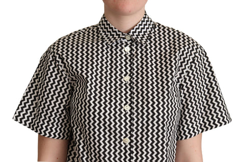 Black and white zigzag cotton top shirt with collar by Dolce & Gabbana, featuring a stylish and modern design.