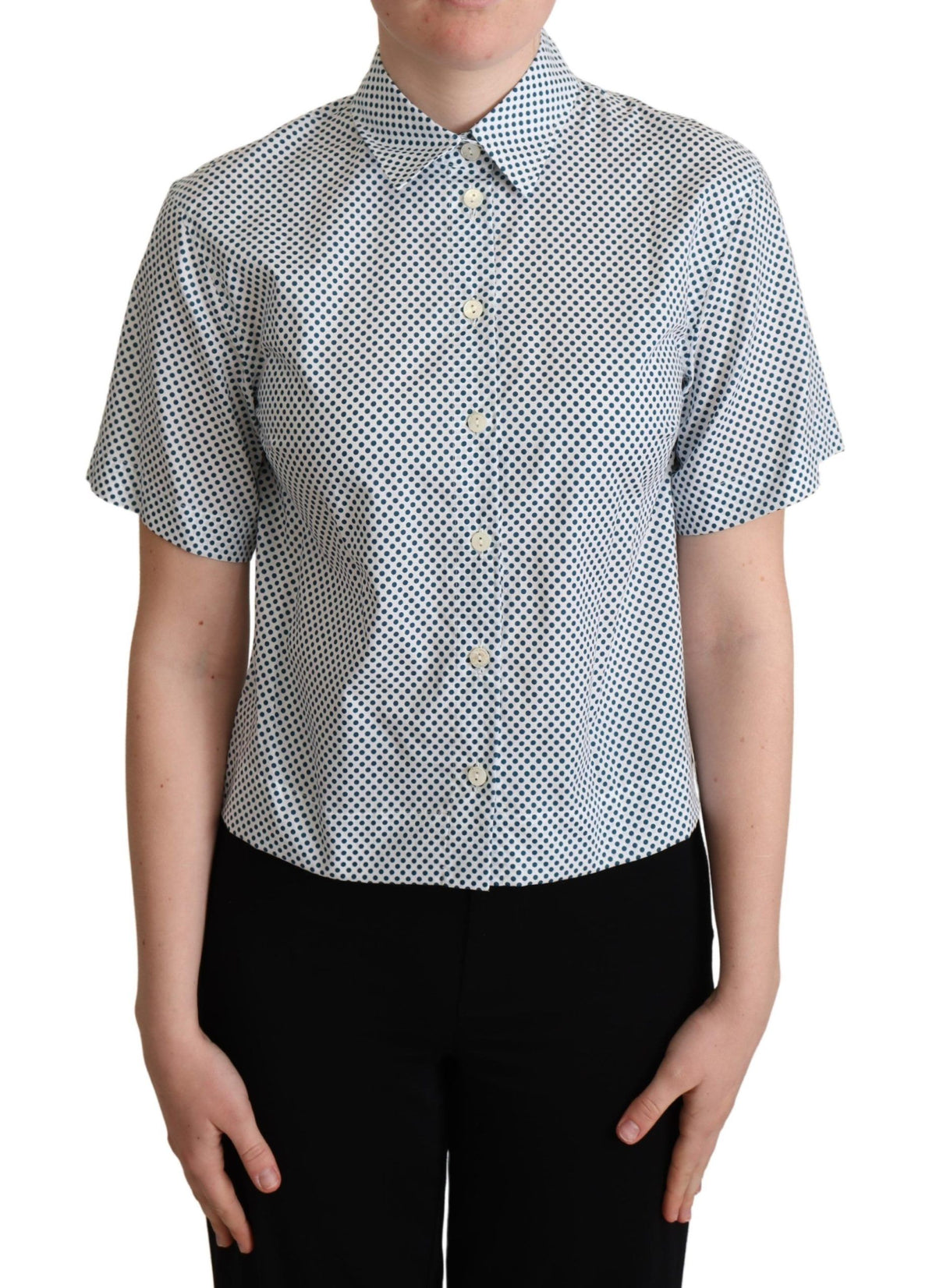 White cotton shirt with blue polka dots from Dolce & Gabbana, featuring a classic button-up design and long sleeves.