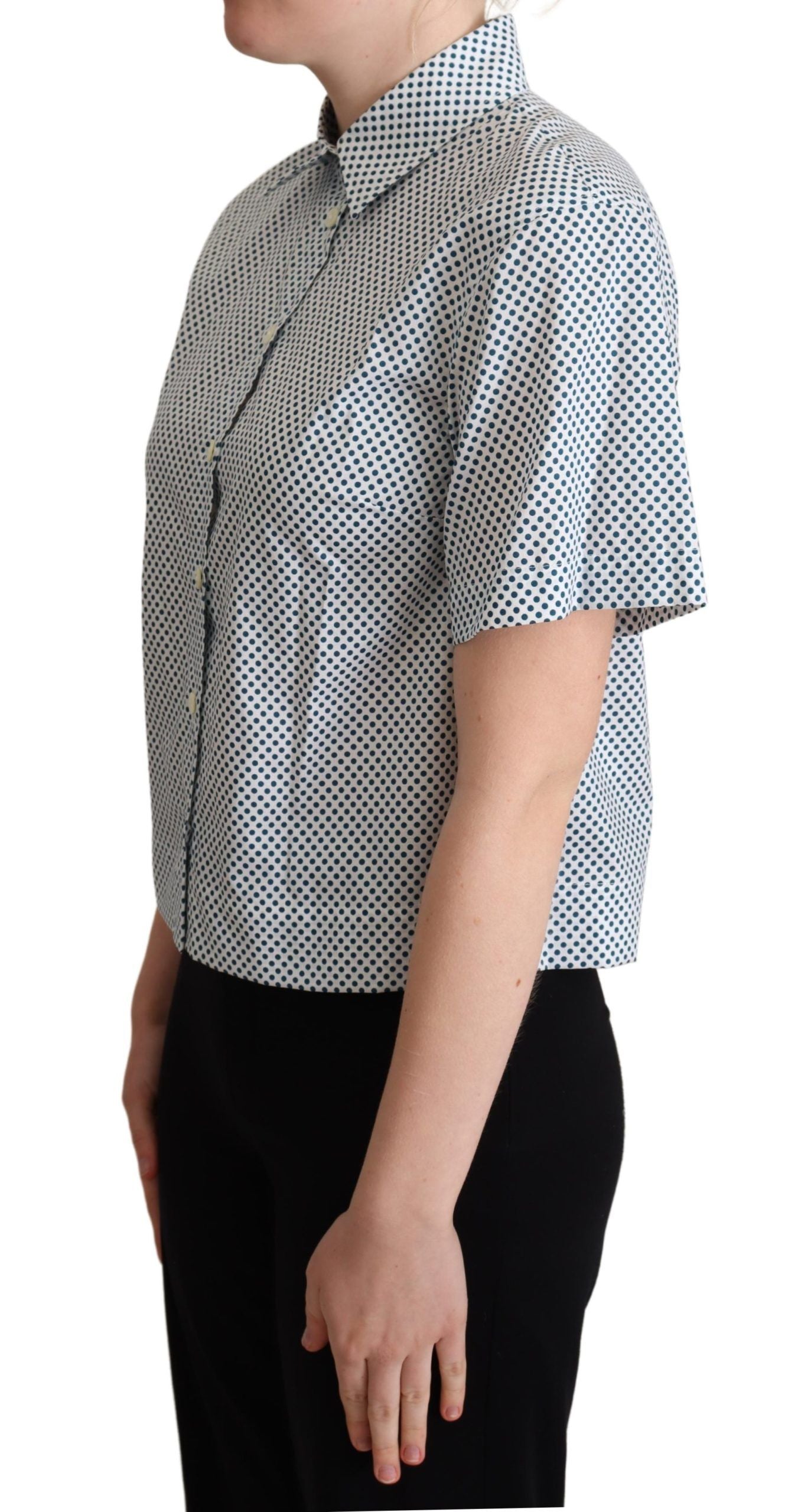 White and blue polka dot cotton shirt by Dolce & Gabbana, featuring a classic button-down design and long sleeves.