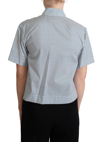 White cotton shirt with blue polka dots from Dolce & Gabbana, featuring a classic button-up design and long sleeves.