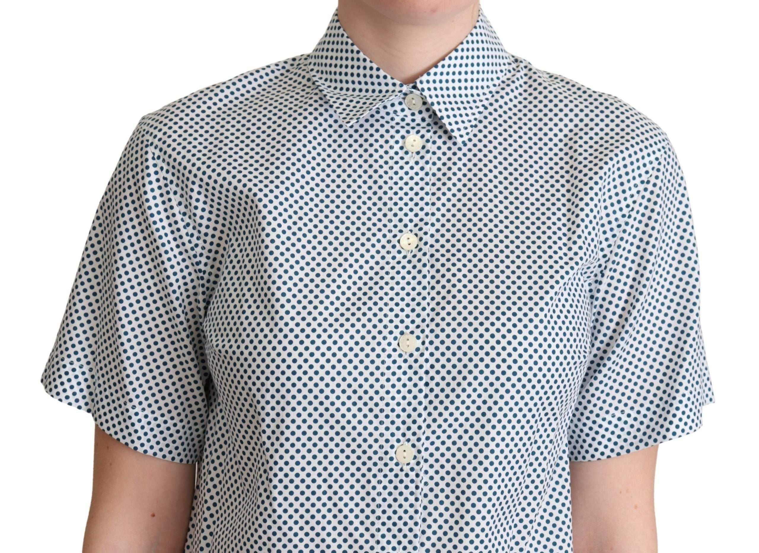 White cotton shirt with blue polka dots by Dolce & Gabbana, featuring a classic button-up design and long sleeves.