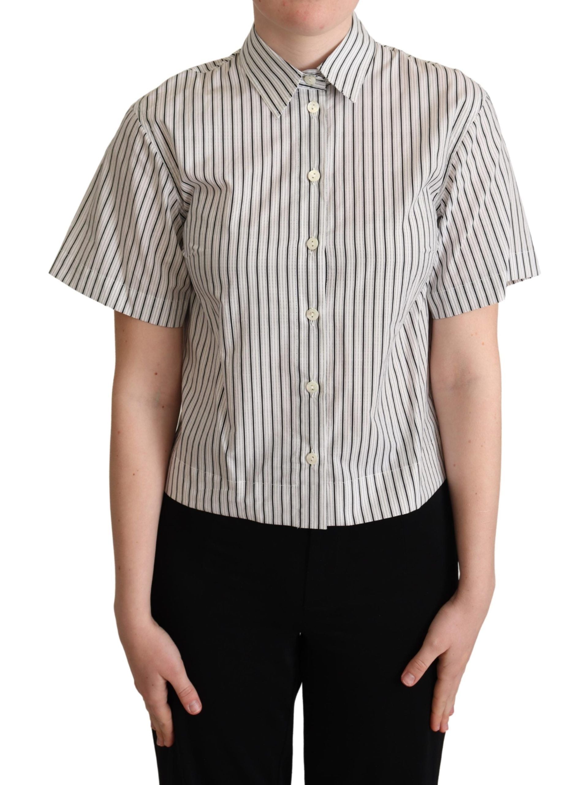 White and black striped collared shirt by Dolce & Gabbana, featuring a stylish button-up design and classic fit.