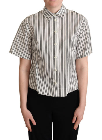 White and black striped Dolce & Gabbana blouse top with long sleeves and a classic collar, displayed on a hanger.