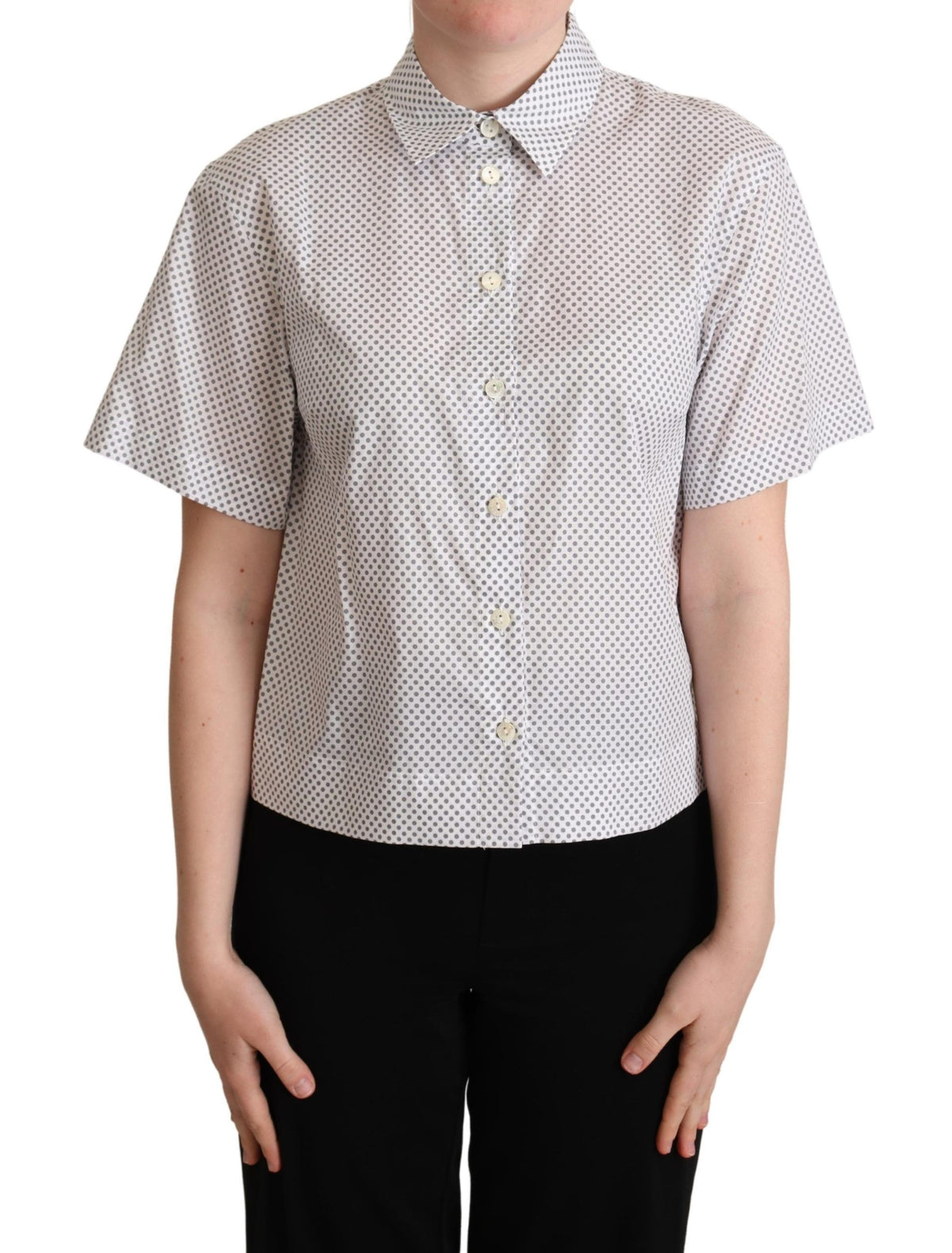 White and gray polka dot collared button shirt by Dolce & Gabbana, featuring a classic design with button-down front.