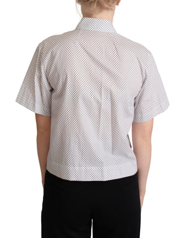 White and gray polka dot collared button shirt by Dolce & Gabbana, featuring a classic design and long sleeves.