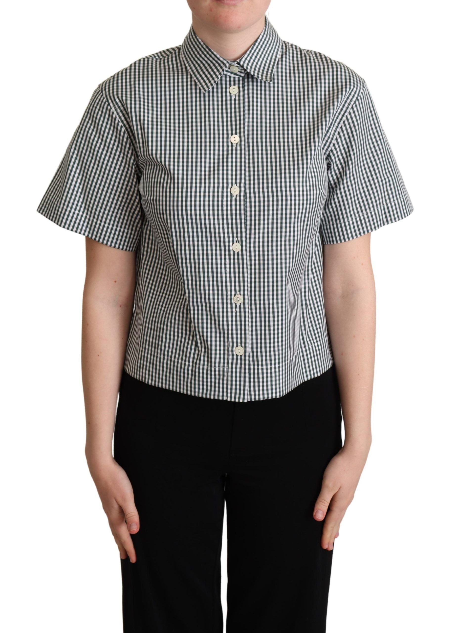 White and green cotton check shirt blouse from Dolce & Gabbana, featuring a classic button-up design and tailored fit.