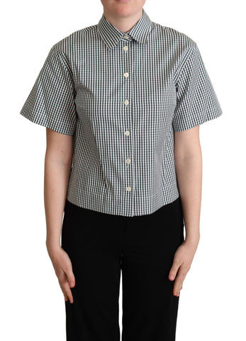 White and green cotton check shirt blouse from Dolce & Gabbana, featuring a classic button-up design and tailored fit.