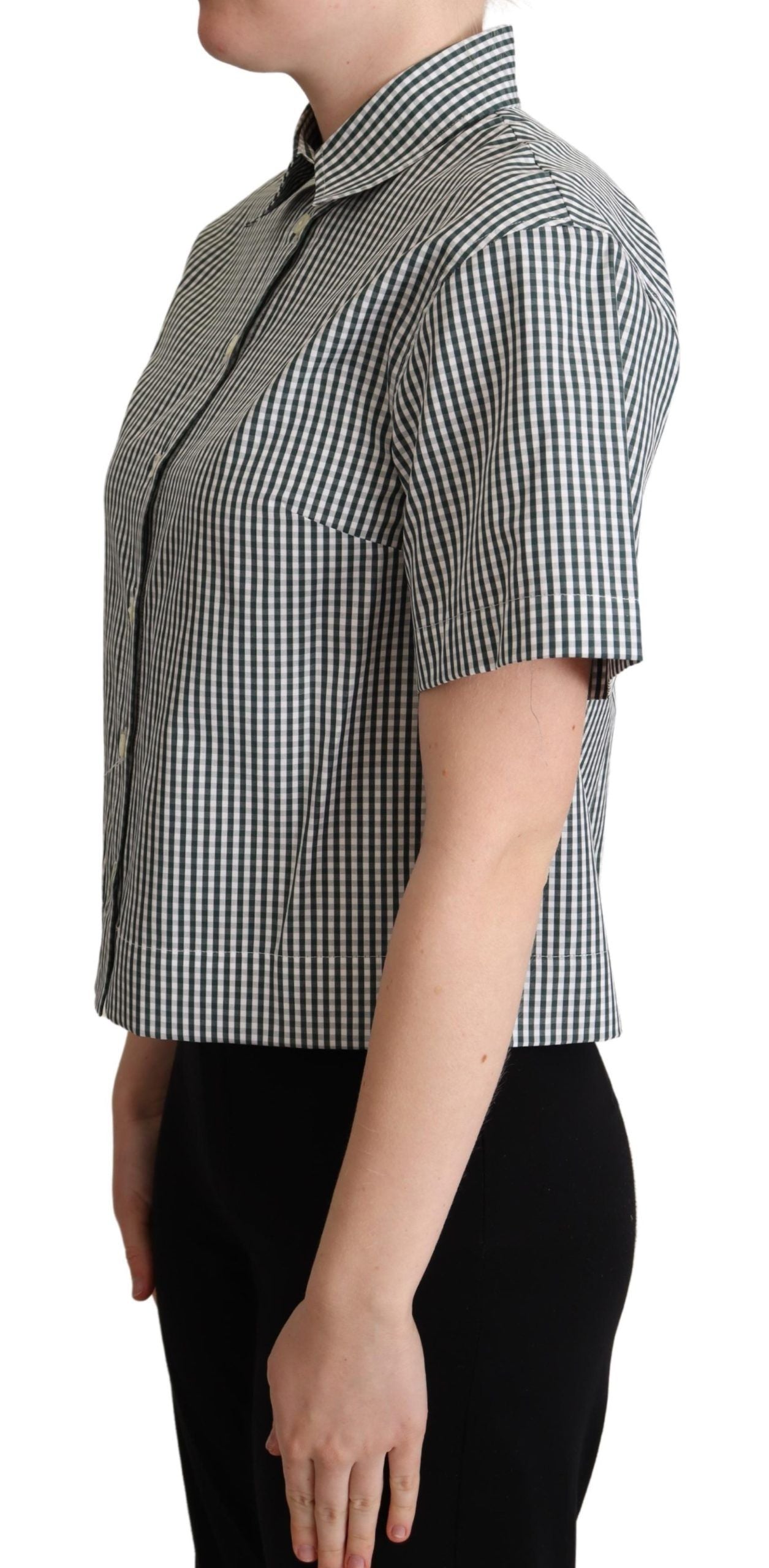 White and green cotton check shirt blouse by Dolce & Gabbana, featuring a classic button-up design and collar.