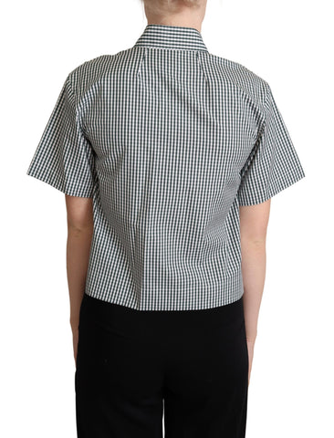 White and green cotton check shirt blouse top by Dolce & Gabbana, featuring a classic check pattern and collared design.