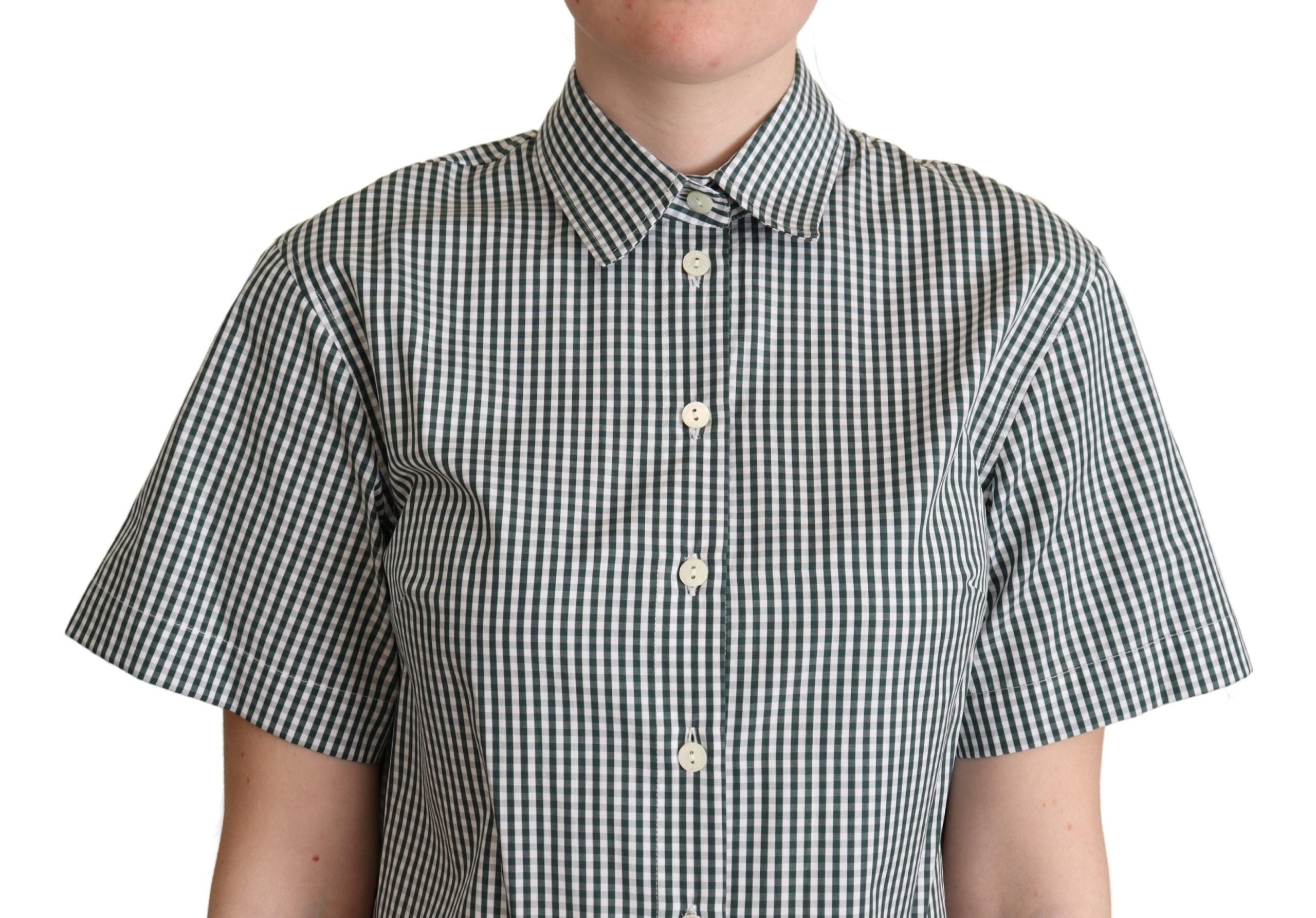 White and green cotton check shirt blouse from Dolce & Gabbana, featuring a classic button-up design and long sleeves.