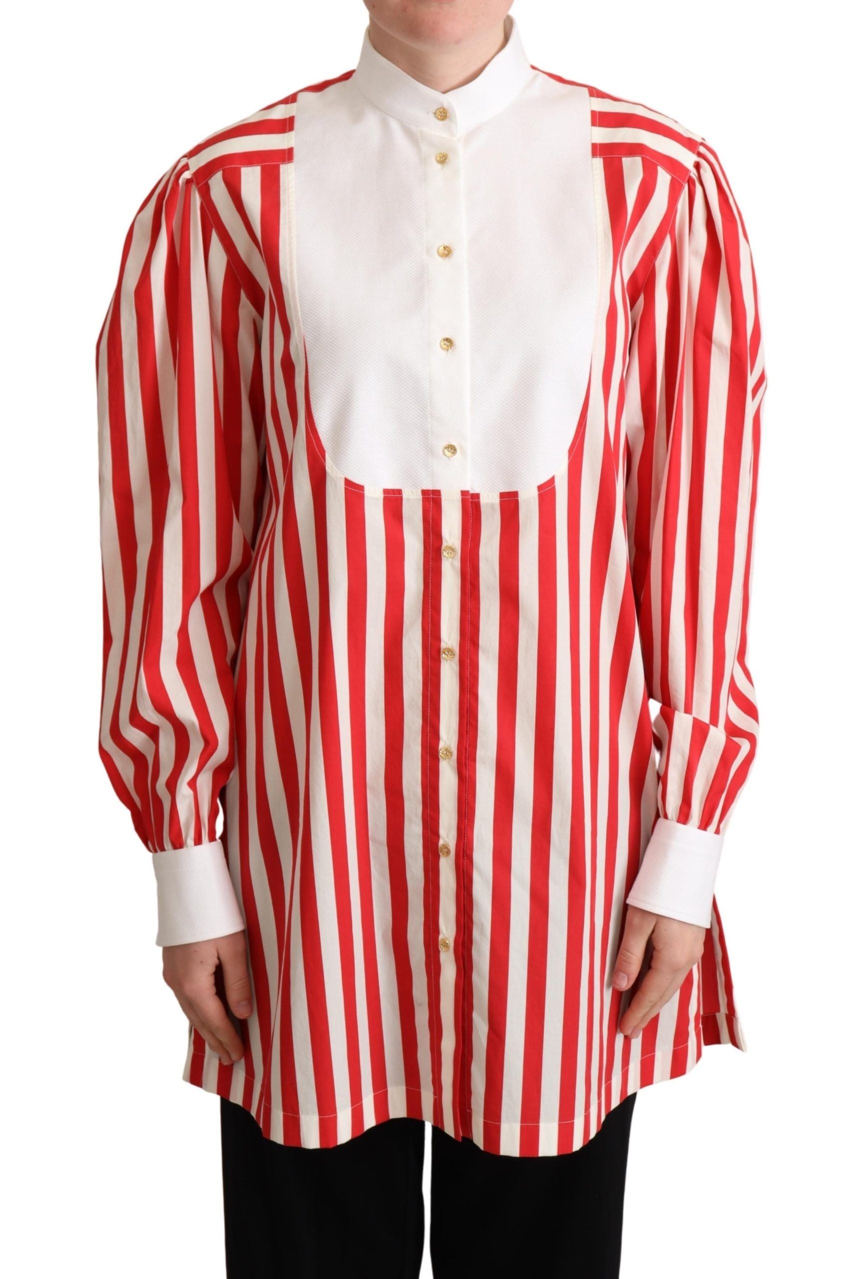 Red and white striped Dolce & Gabbana long-sleeve formal shirt displayed on a hanger.