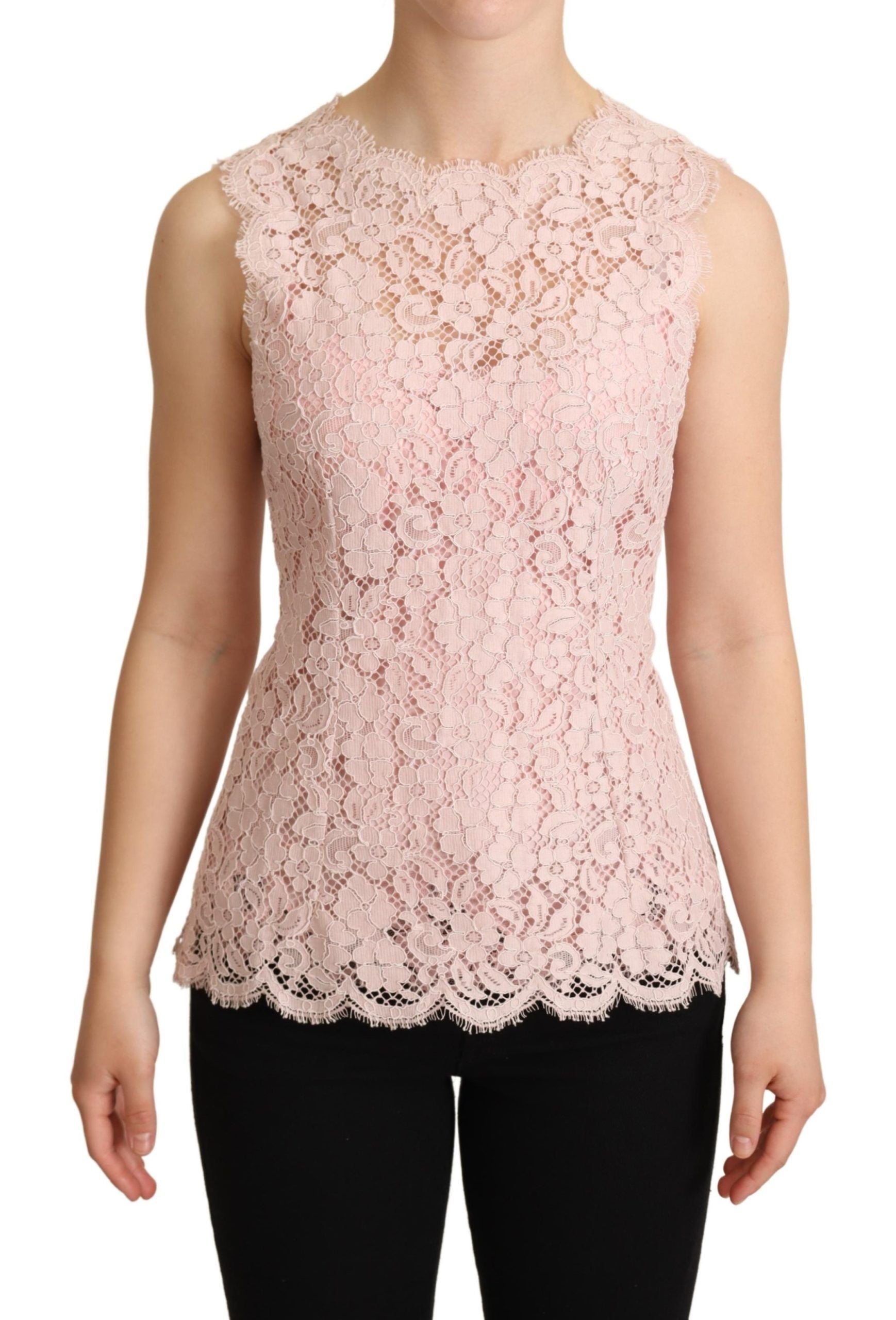 Pink floral lace sleeveless tank blouse top by Dolce & Gabbana, featuring delicate lace details and a stylish sleeveless design.