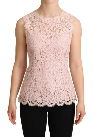 Pink floral lace sleeveless tank blouse top by Dolce & Gabbana, featuring delicate lace details and a stylish sleeveless design.