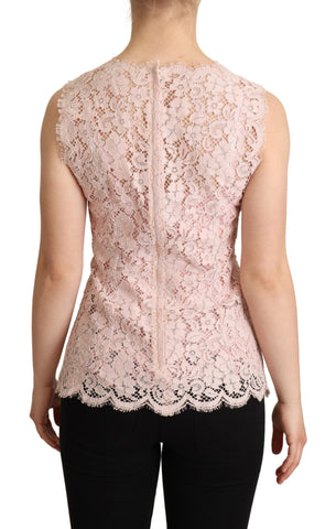 Pink floral lace sleeveless tank blouse top by Dolce & Gabbana with delicate lace details and a feminine fit.