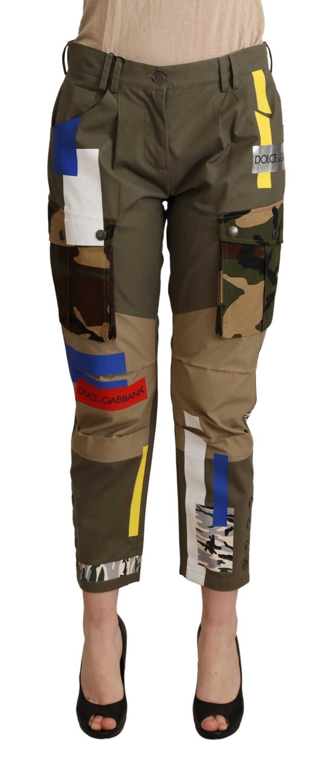 Green military cargo trousers by Dolce & Gabbana made of cotton, featuring multiple pockets and a relaxed fit.