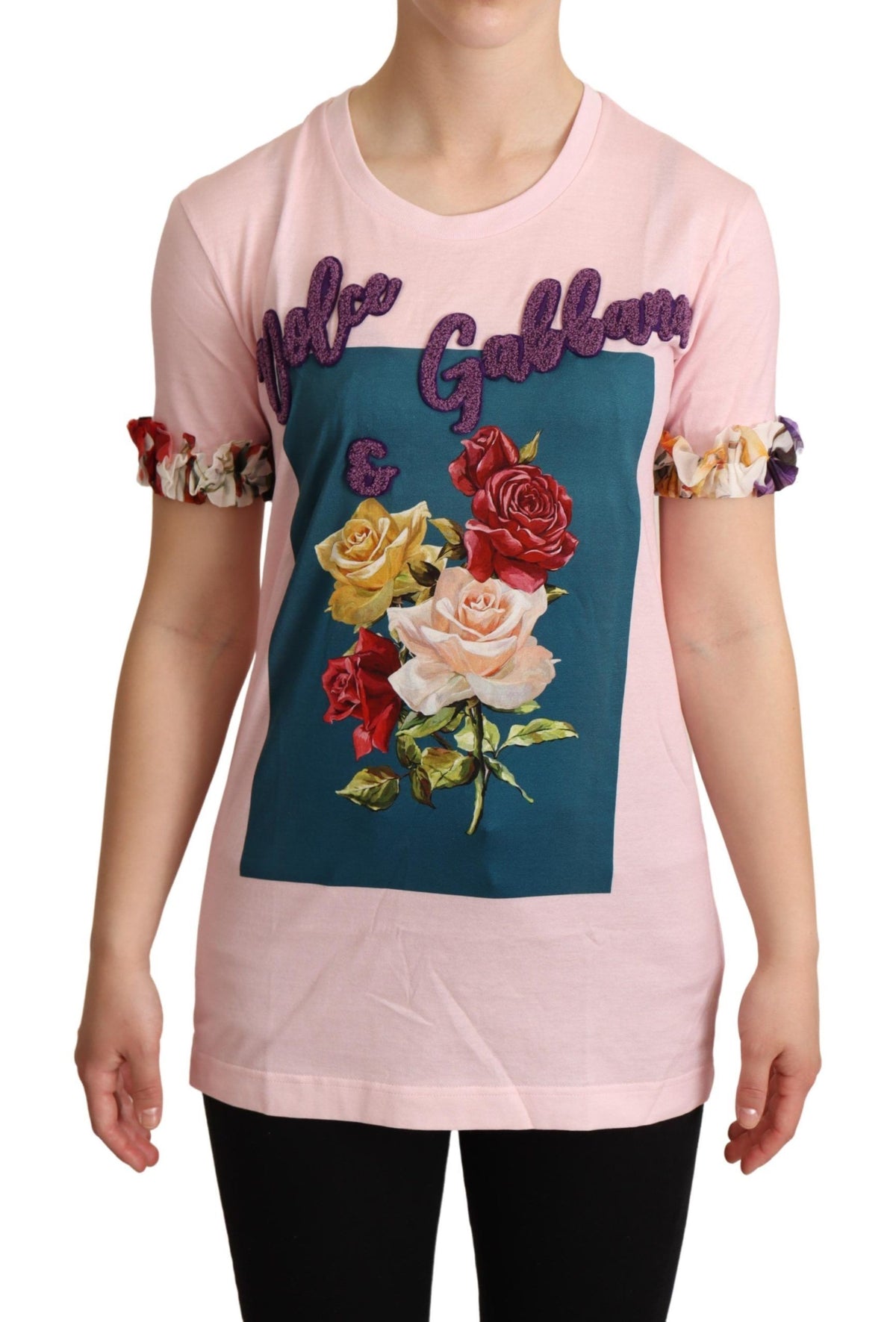 Pink cotton crewneck T-shirt with floral rose print by Dolce & Gabbana, showcasing a vibrant, detailed floral pattern.