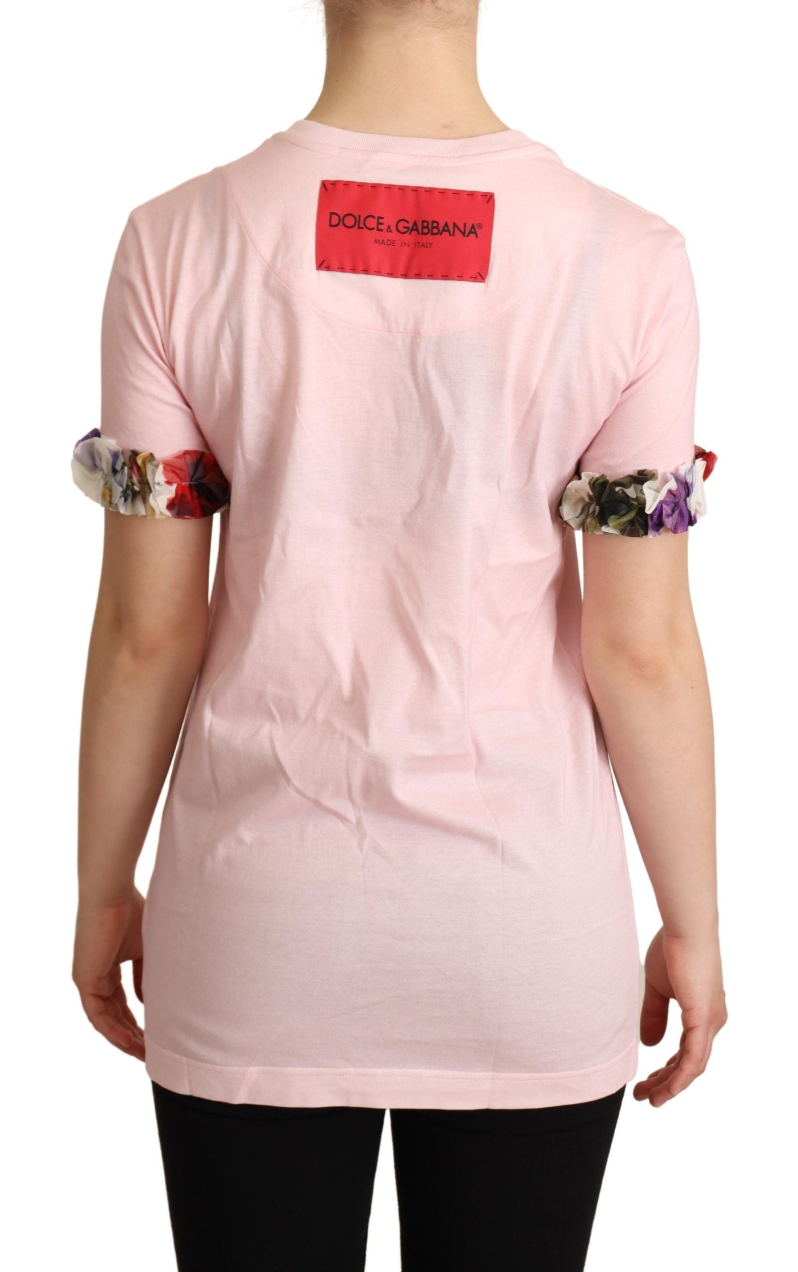 Pink cotton crewneck T-shirt with floral rose print by Dolce & Gabbana, featuring a casual fit and vibrant flower design.