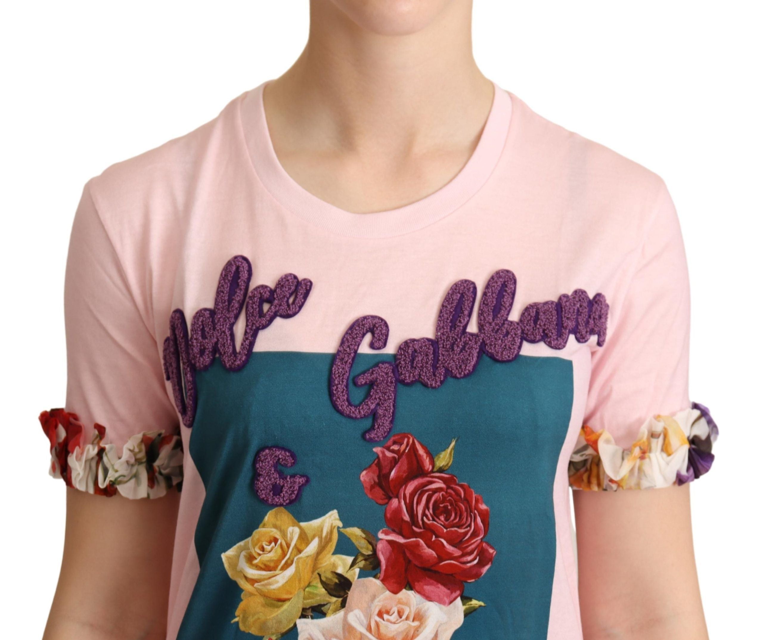 Pink cotton crewneck T-shirt with floral rose print by Dolce & Gabbana, showcasing a stylish and vibrant design.
