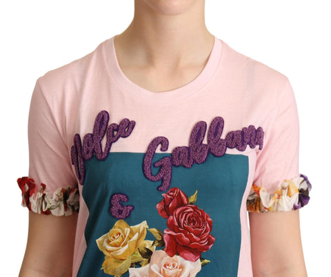 Pink cotton crewneck T-shirt with floral rose print by Dolce & Gabbana, showcasing a stylish and vibrant design.