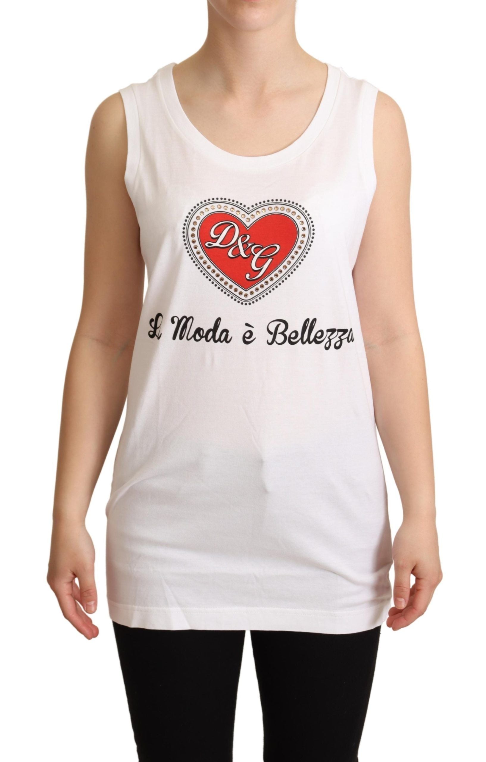 White La Moda crystal tank top T-shirt by Dolce & Gabbana, featuring a sleeveless design with sparkling crystal embellishments.
