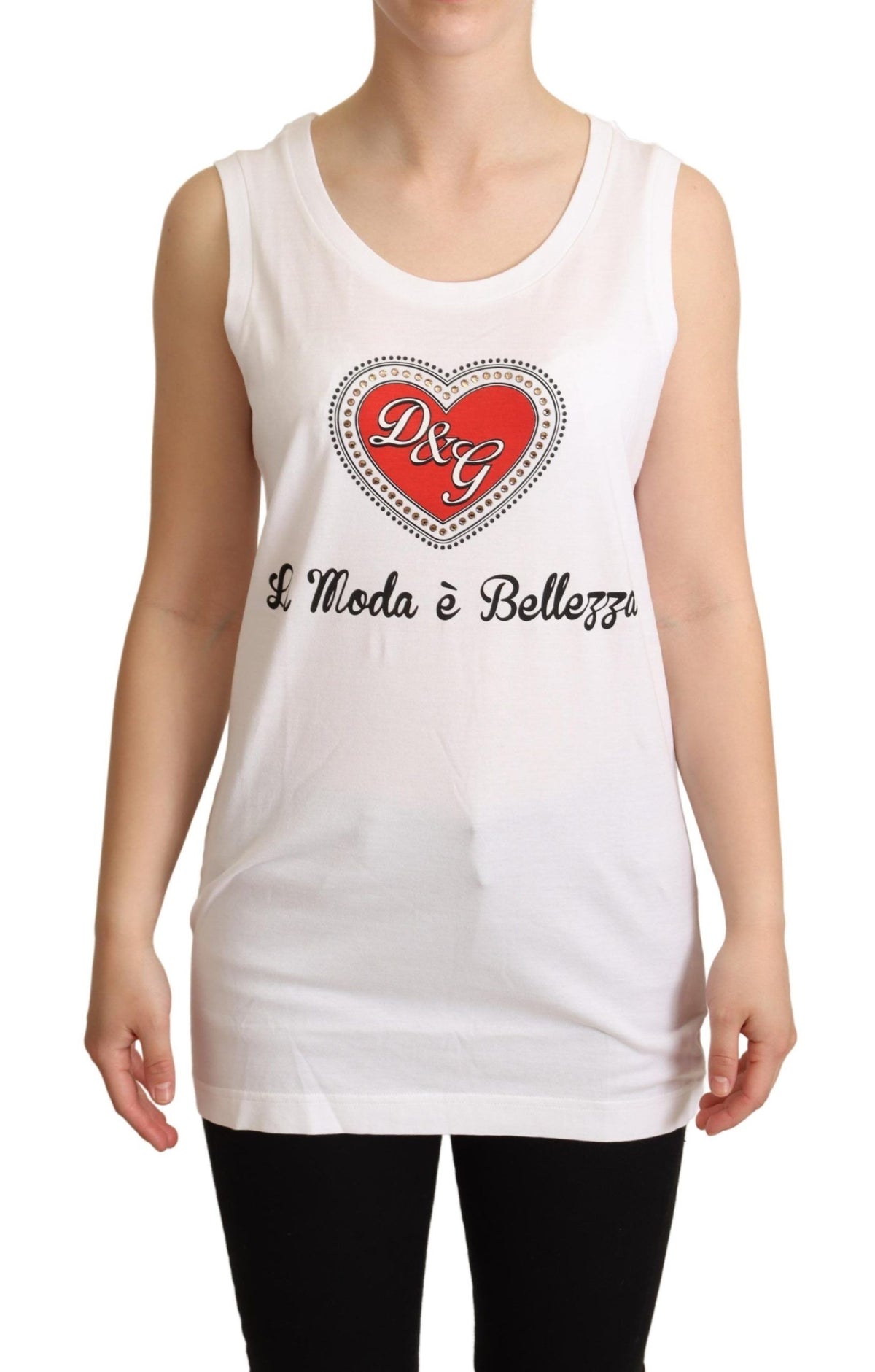 White La Moda crystal tank top T-shirt by Dolce & Gabbana, featuring a sleeveless design with sparkling crystal embellishments.