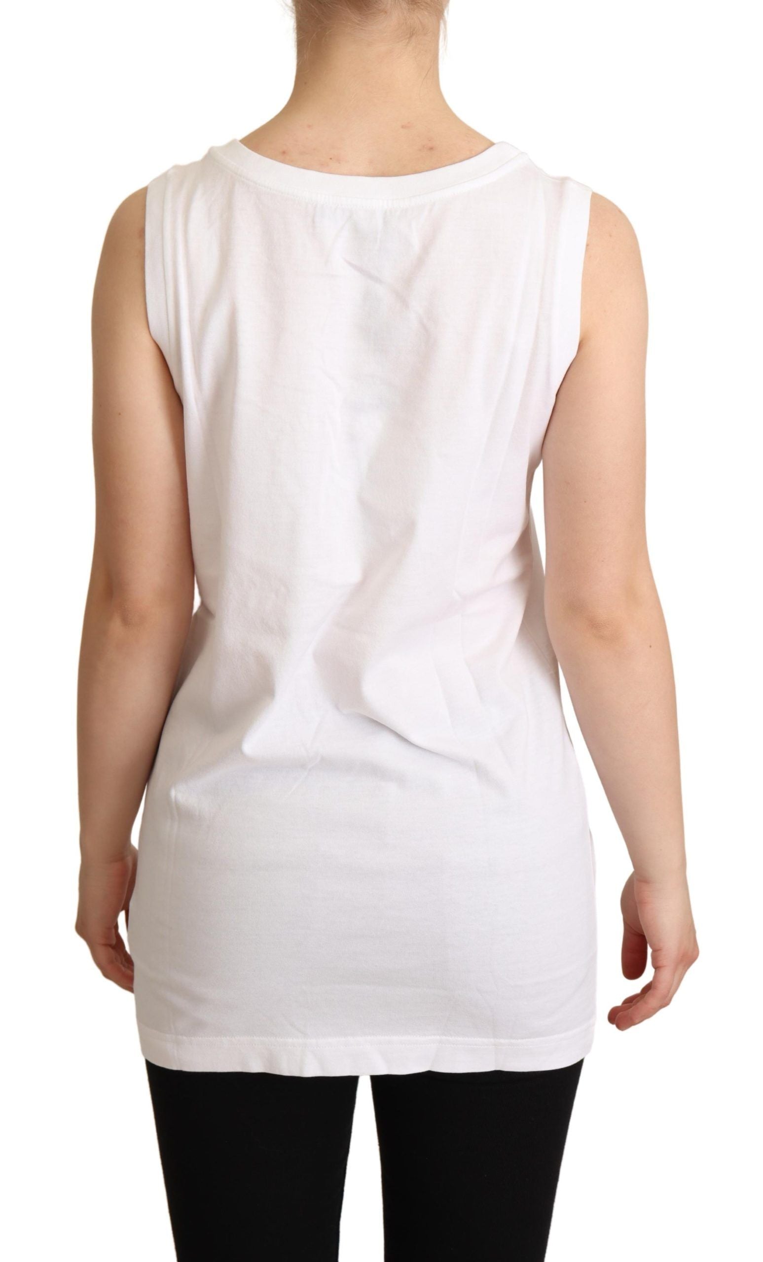 White Dolce & Gabbana La Moda crystal tank top T-shirt with sparkling embellishments and sleeveless design.