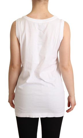 White Dolce & Gabbana La Moda crystal tank top T-shirt with sparkling embellishments and sleeveless design.