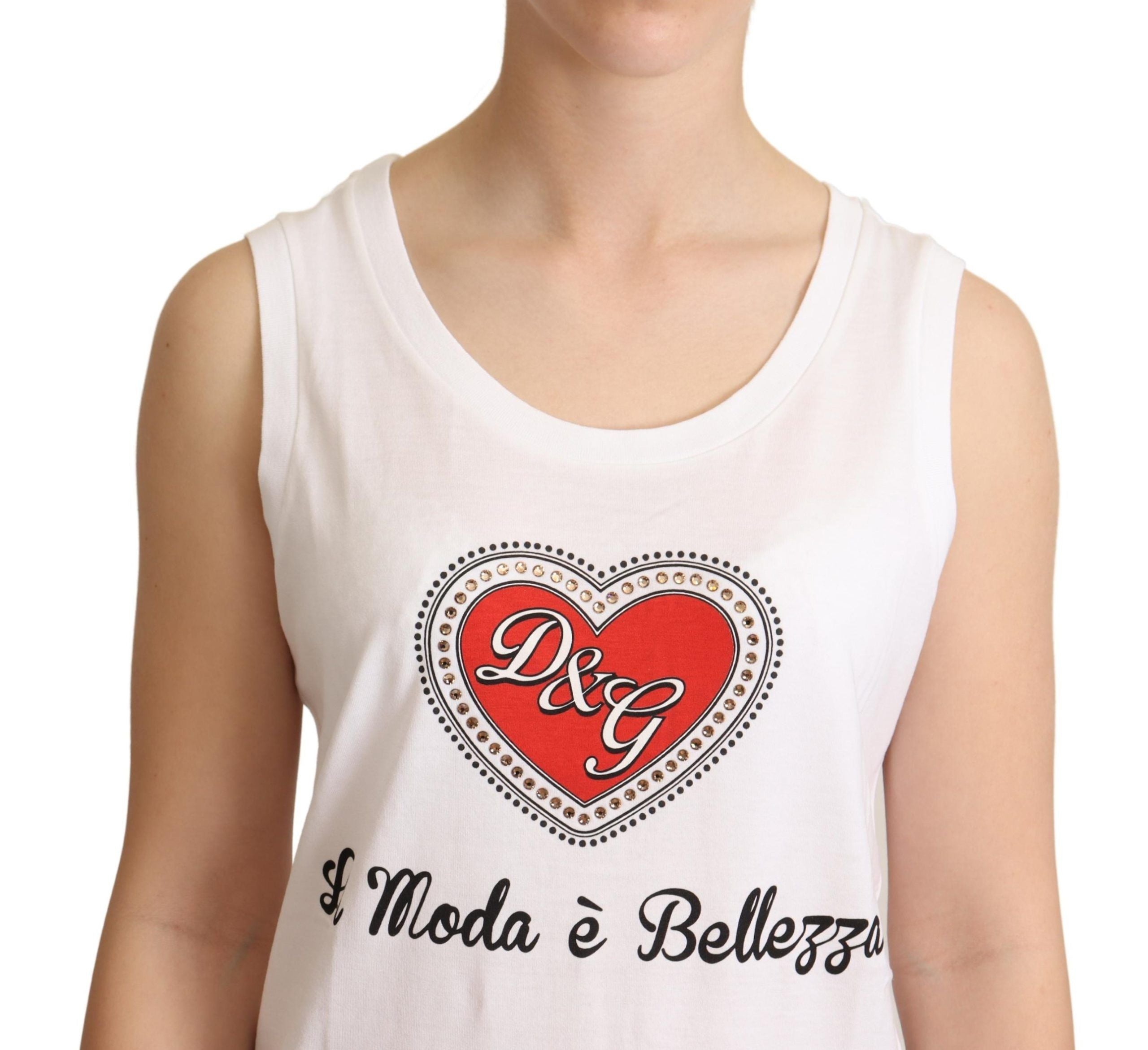 White Dolce & Gabbana Crystal Tank Top T-shirt with embellished details, sleeveless design, and a fitted silhouette.