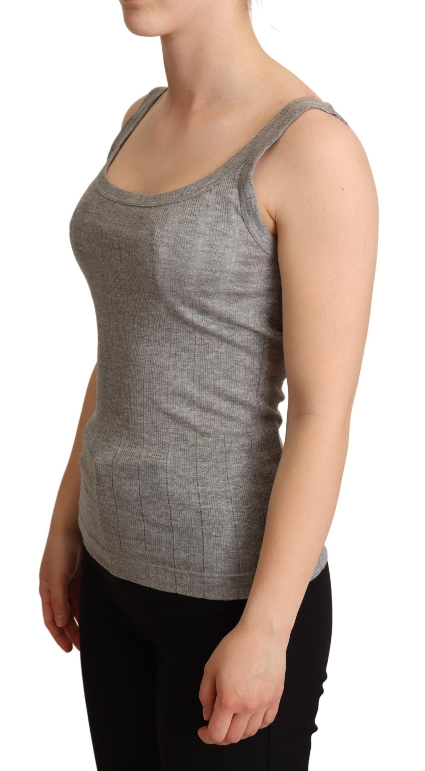 Gray cotton modal canotta tank top by Dolce & Gabbana, close-up of the sleeveless T-shirt fabric and fit.