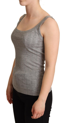Gray cotton modal canotta tank top by Dolce & Gabbana, close-up of the sleeveless T-shirt fabric and fit.