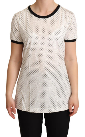 White dotted crewneck cotton T-shirt by Dolce & Gabbana, front view showing the pattern and classic fit.