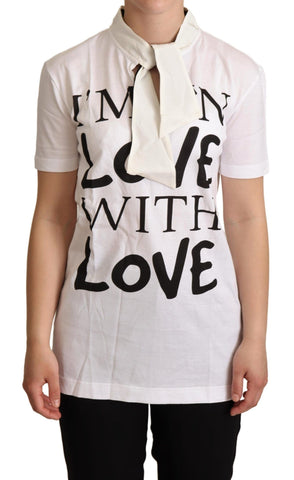 White cotton silk "I'm In Love" Dolce & Gabbana T-shirt with printed text, casual fit, and short sleeves.