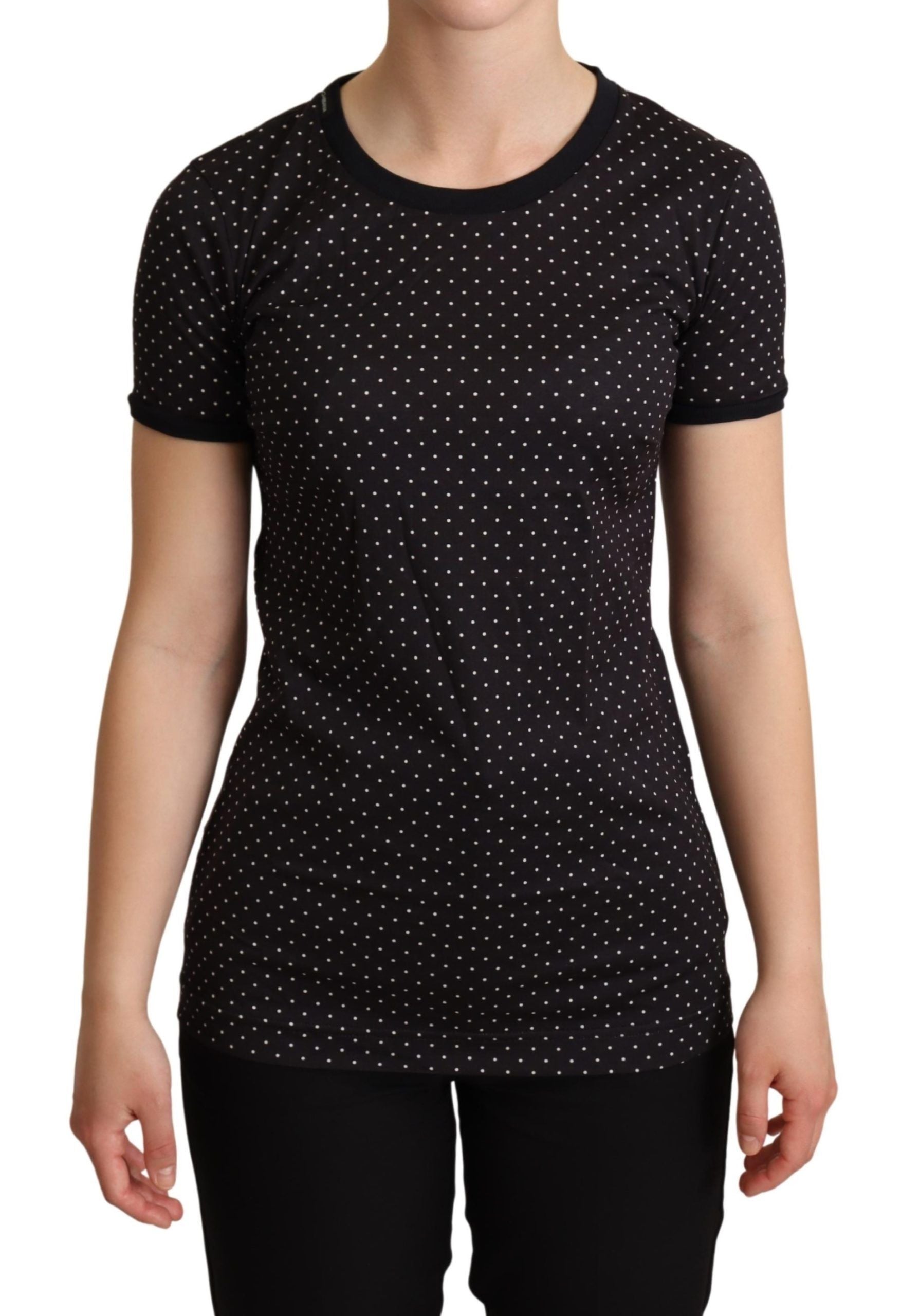 Black dotted cotton crewneck T-shirt by Dolce & Gabbana, featuring a classic fit and subtle dotted pattern.