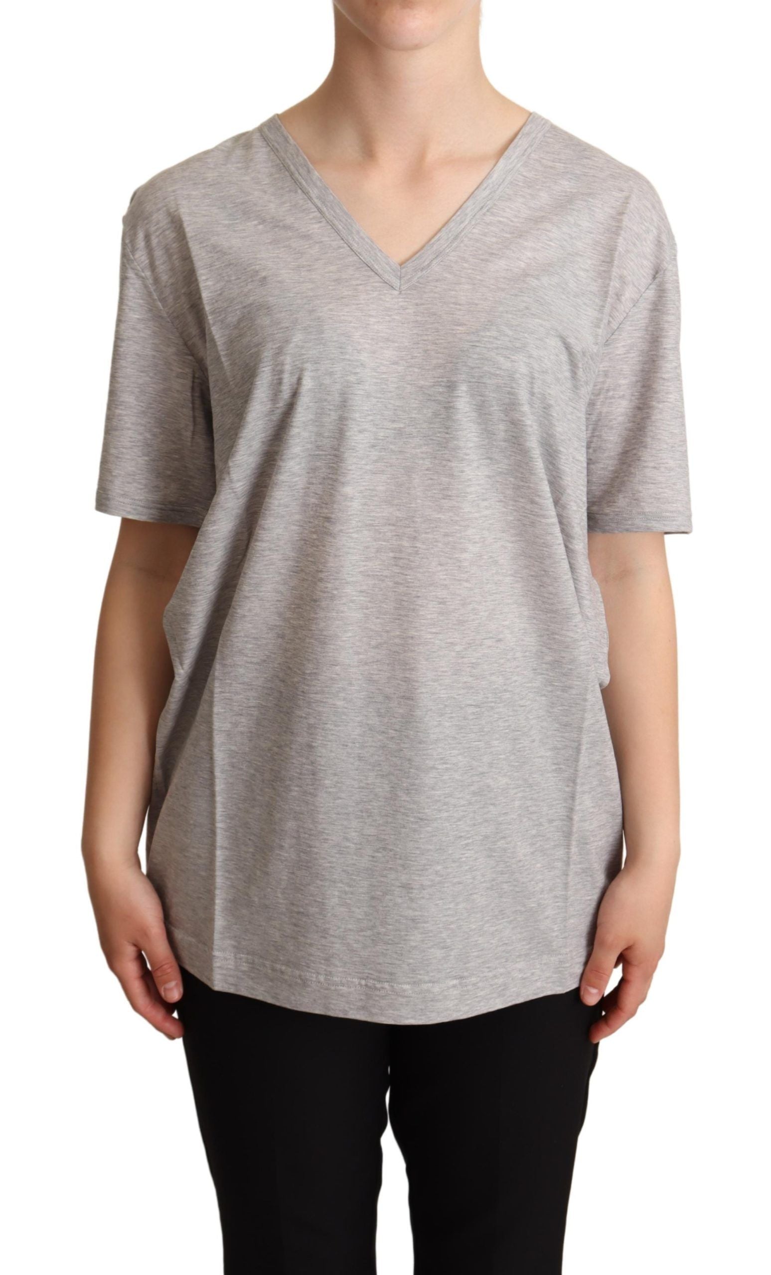 Gray solid cotton V-neck T-shirt by Dolce & Gabbana, featuring a classic fit and soft fabric.
