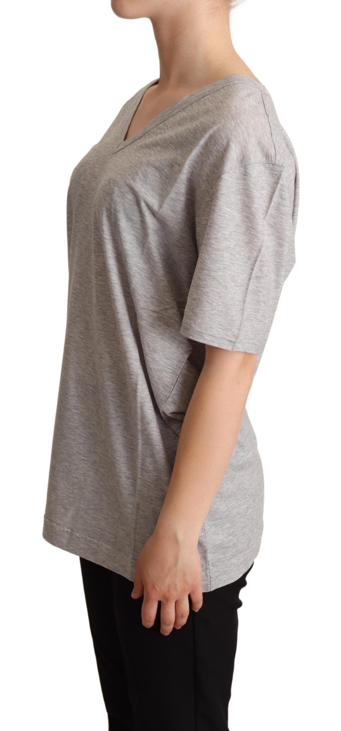Gray solid cotton V-neck T-shirt by Dolce & Gabbana, showcasing a casual fit and smooth fabric texture.