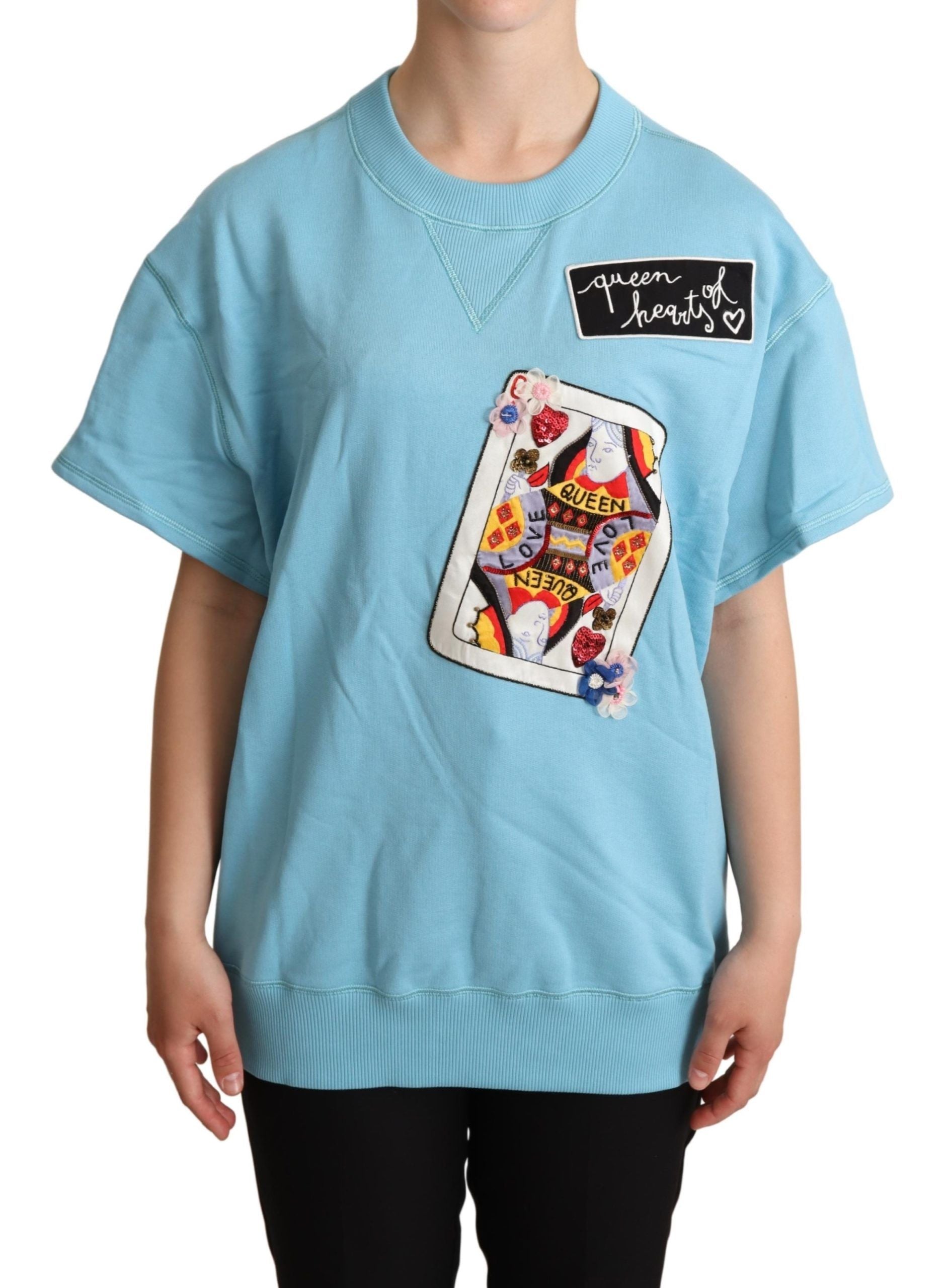 Blue Queen of Hearts card sweater T-shirt by Dolce & Gabbana, featuring a vibrant heart design on soft fabric.