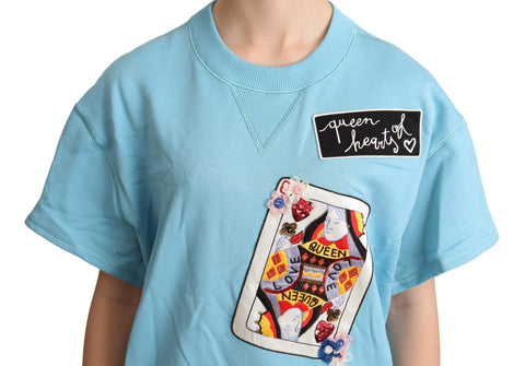 Blue Queen of Hearts card sweater T-shirt by Dolce & Gabbana featuring a bold heart graphic on the front.