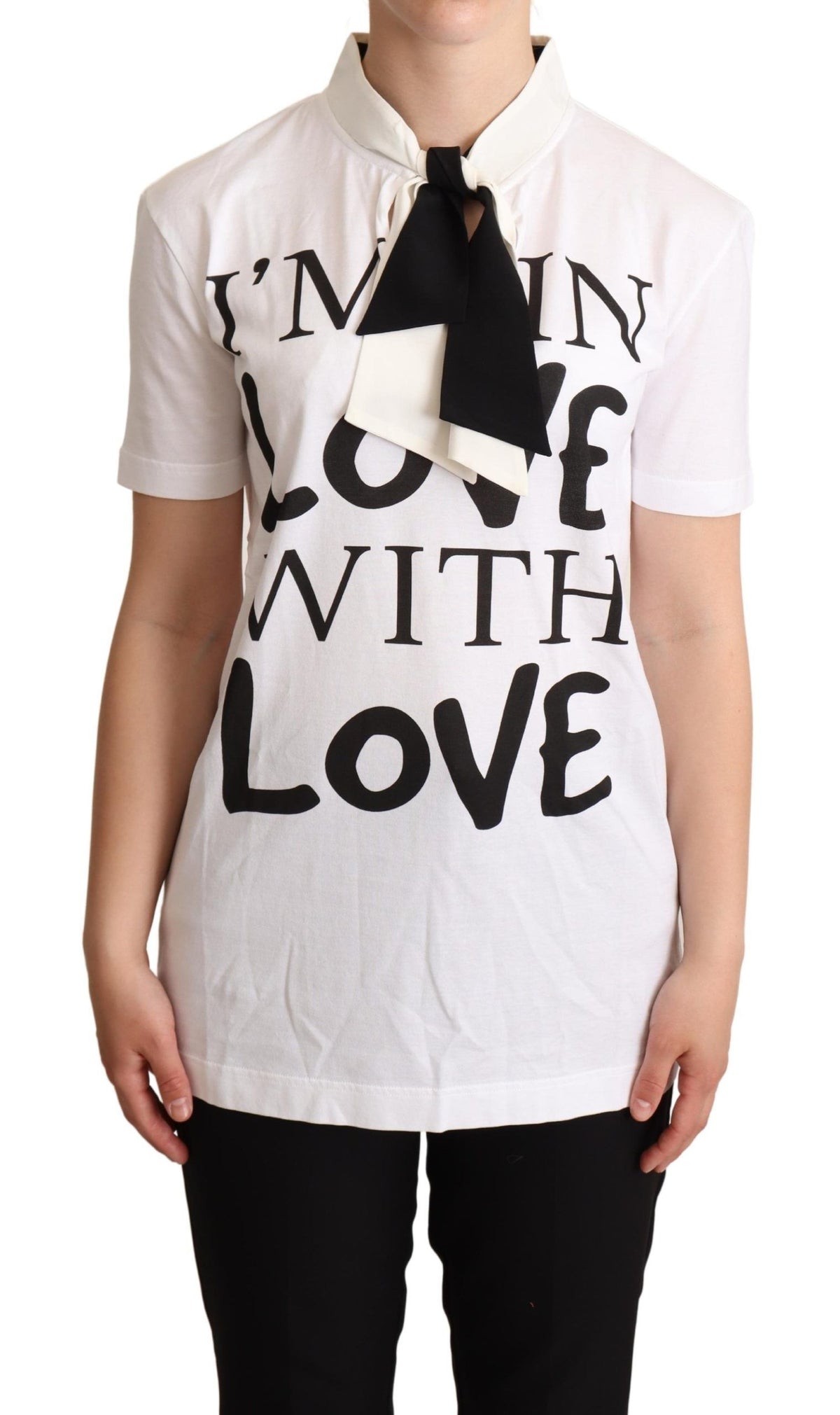 White cotton silk blend Ascot collar T-shirt by Dolce & Gabbana, featuring a stylish collar and smooth fabric texture.
