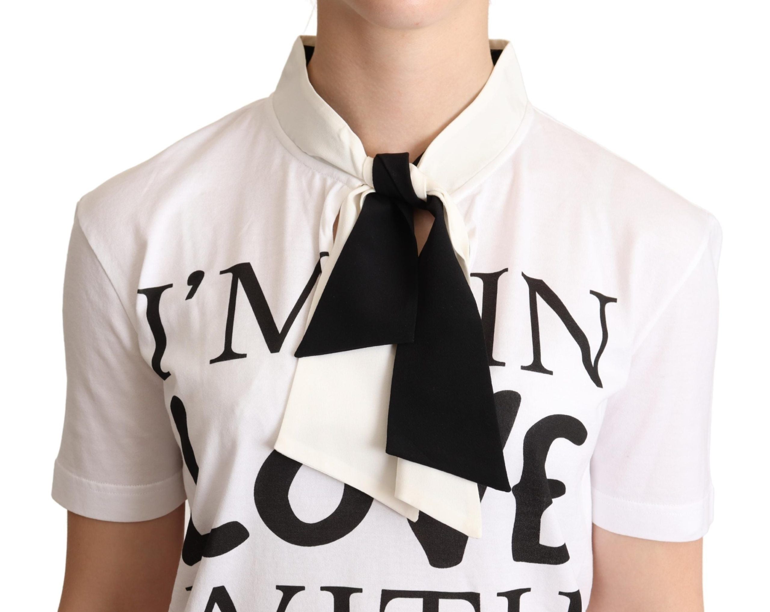White cotton silk blend ascot collar T-shirt by Dolce & Gabbana, featuring a stylish ascot detail and comfortable fit.
