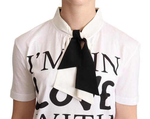 White cotton silk blend ascot collar T-shirt by Dolce & Gabbana, featuring a stylish ascot detail and comfortable fit.
