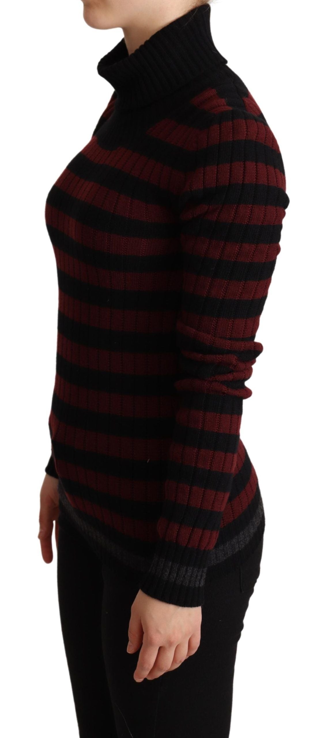 Black and red striped wool pullover sweater by Dolce & Gabbana, showing a close-up of the knit fabric and striped pattern.