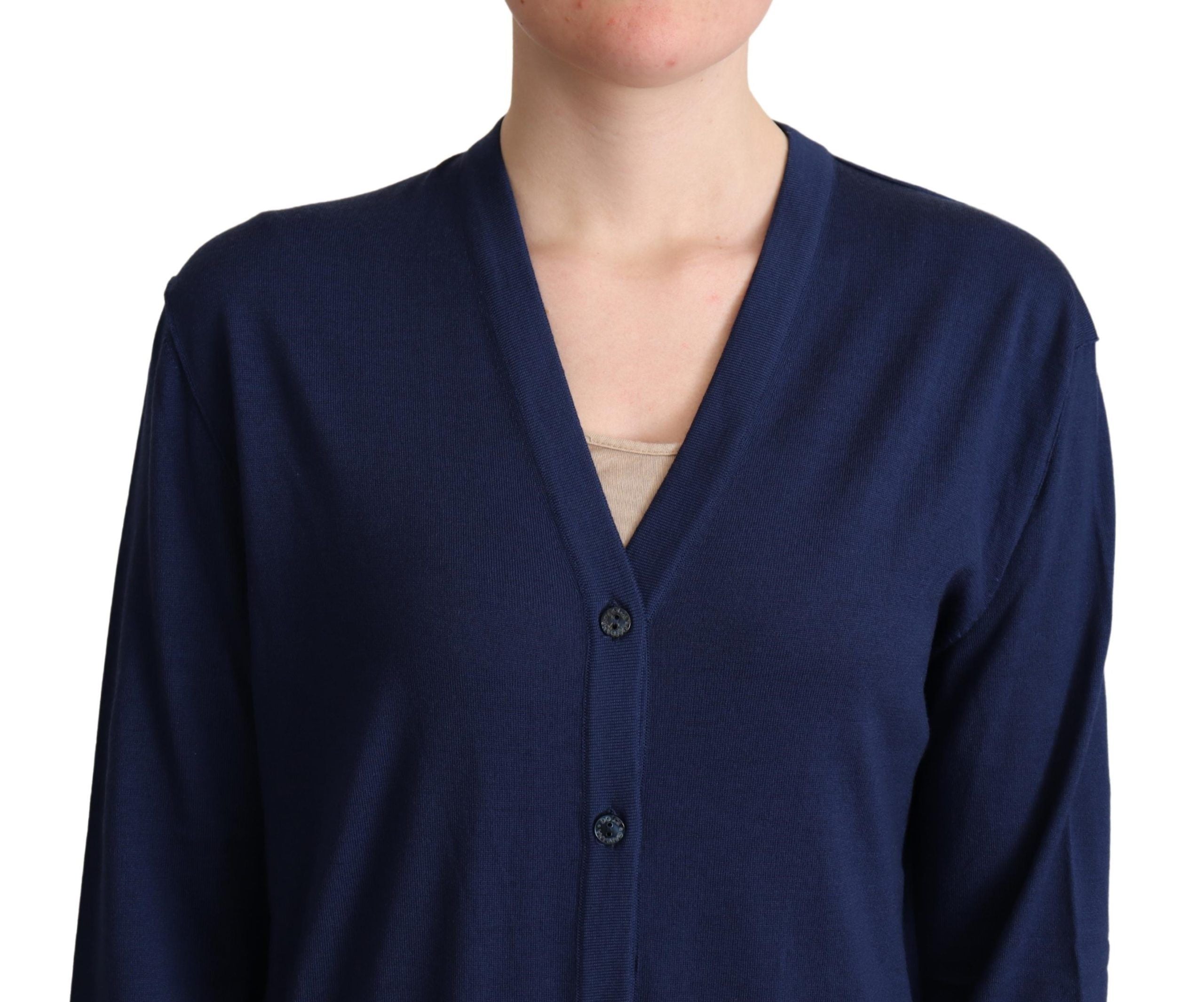 Blue Virgin Wool Button Down Cardigan Sweater by Dolce & Gabbana, showing the front view with buttons and a classic fit.