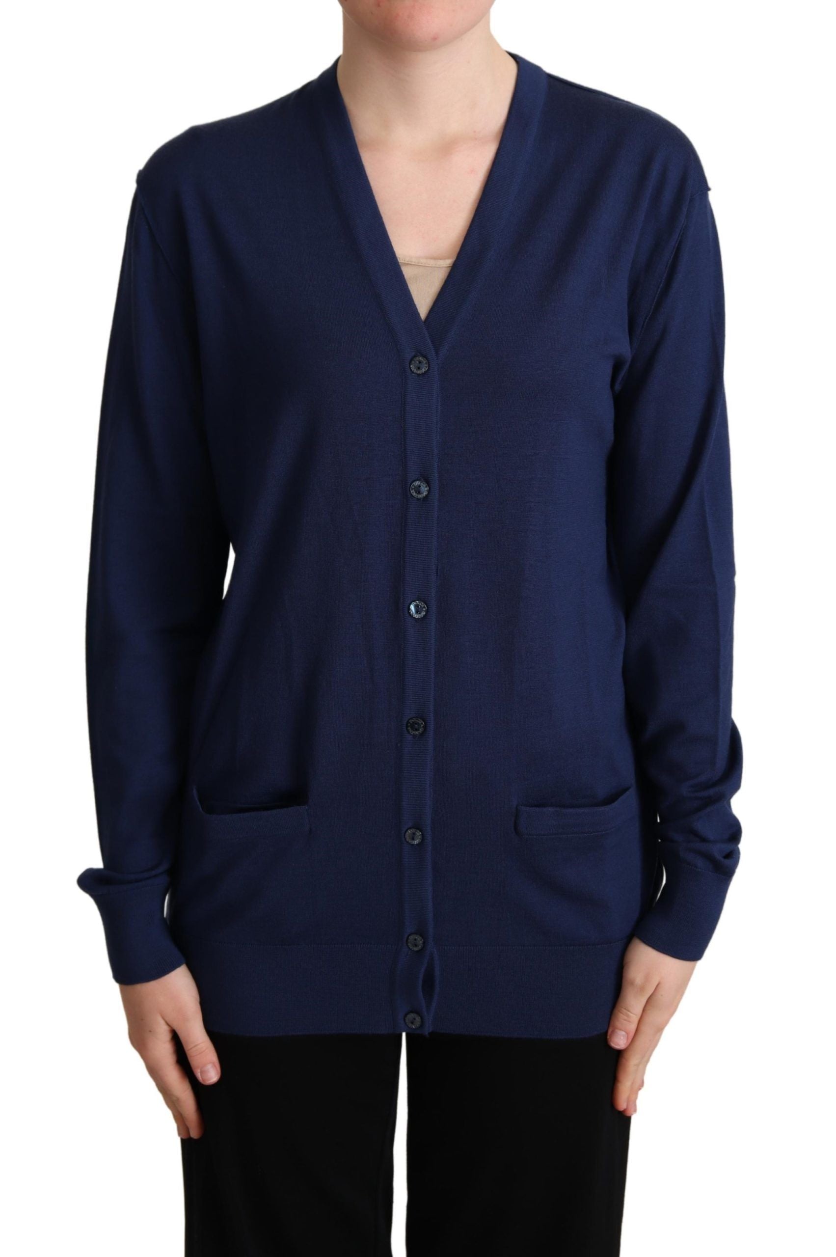 Blue Virgin Wool Button Down Cardigan Sweater by Dolce & Gabbana, featuring a classic design with buttons and a soft wool texture.