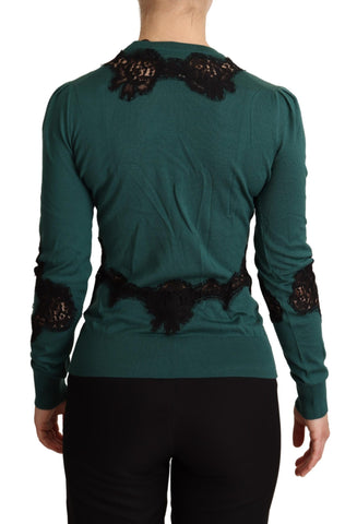 Green wool crewneck sweater by Dolce & Gabbana, close-up showing soft knit fabric and classic fit.