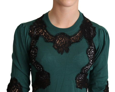 Green wool crewneck sweater by Dolce & Gabbana, close-up of soft knit fabric and classic fit.