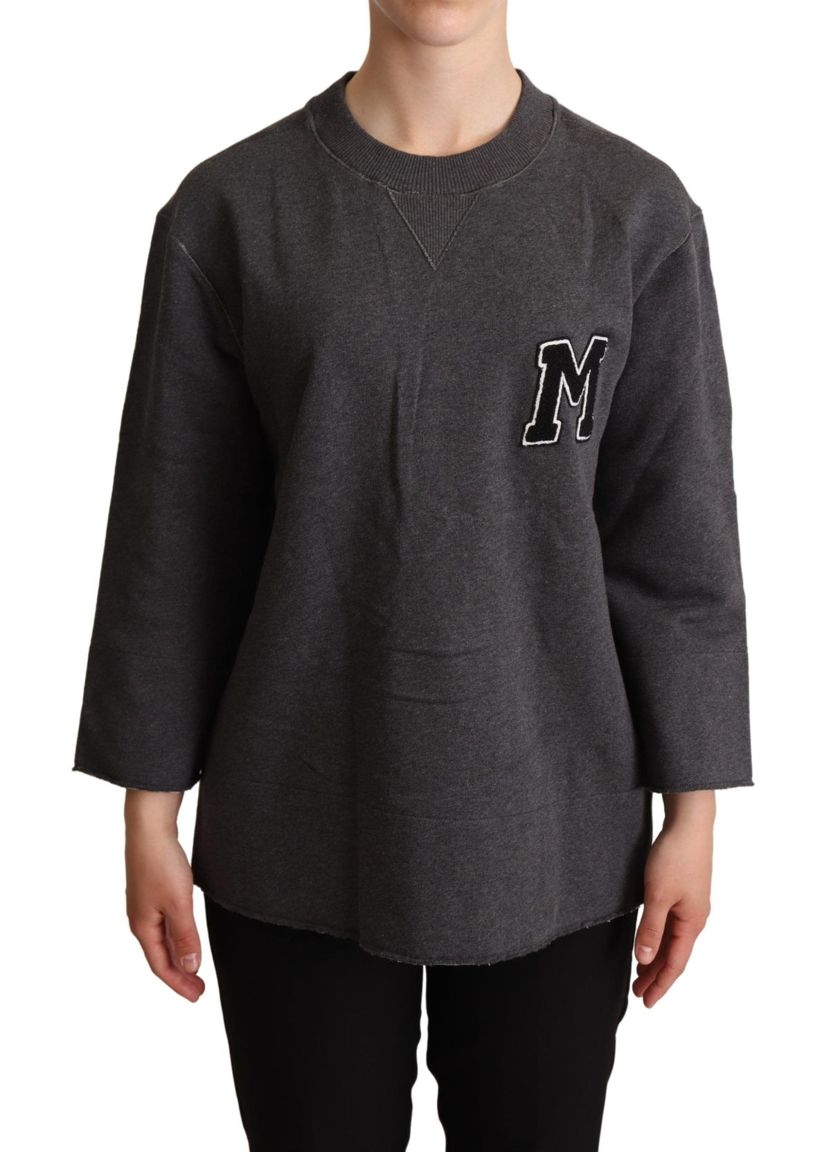 Gray embroidered women's pullover sweater by Dolce & Gabbana, featuring detailed embroidery and a cozy knit texture.