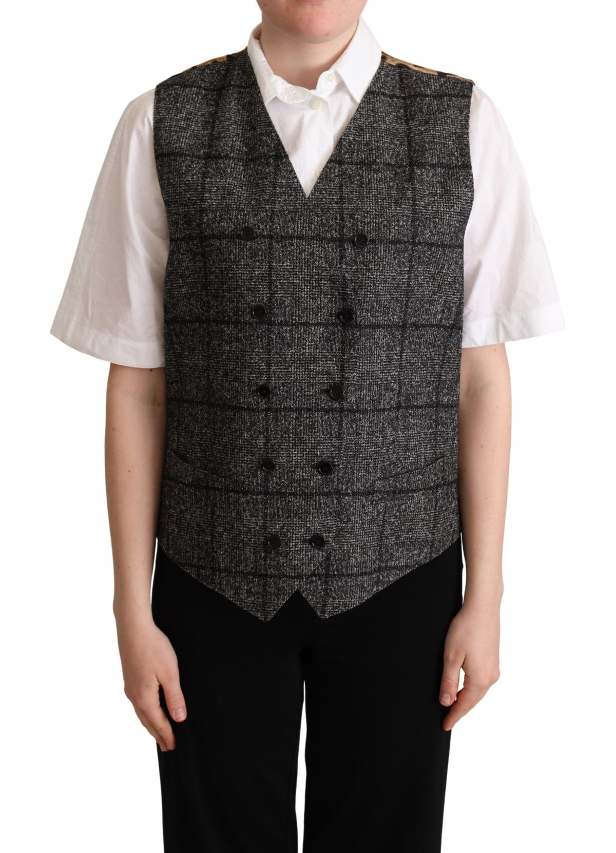 Gray wool leopard print waistcoat vest by Dolce & Gabbana, featuring a tailored fit and stylish animal pattern.
