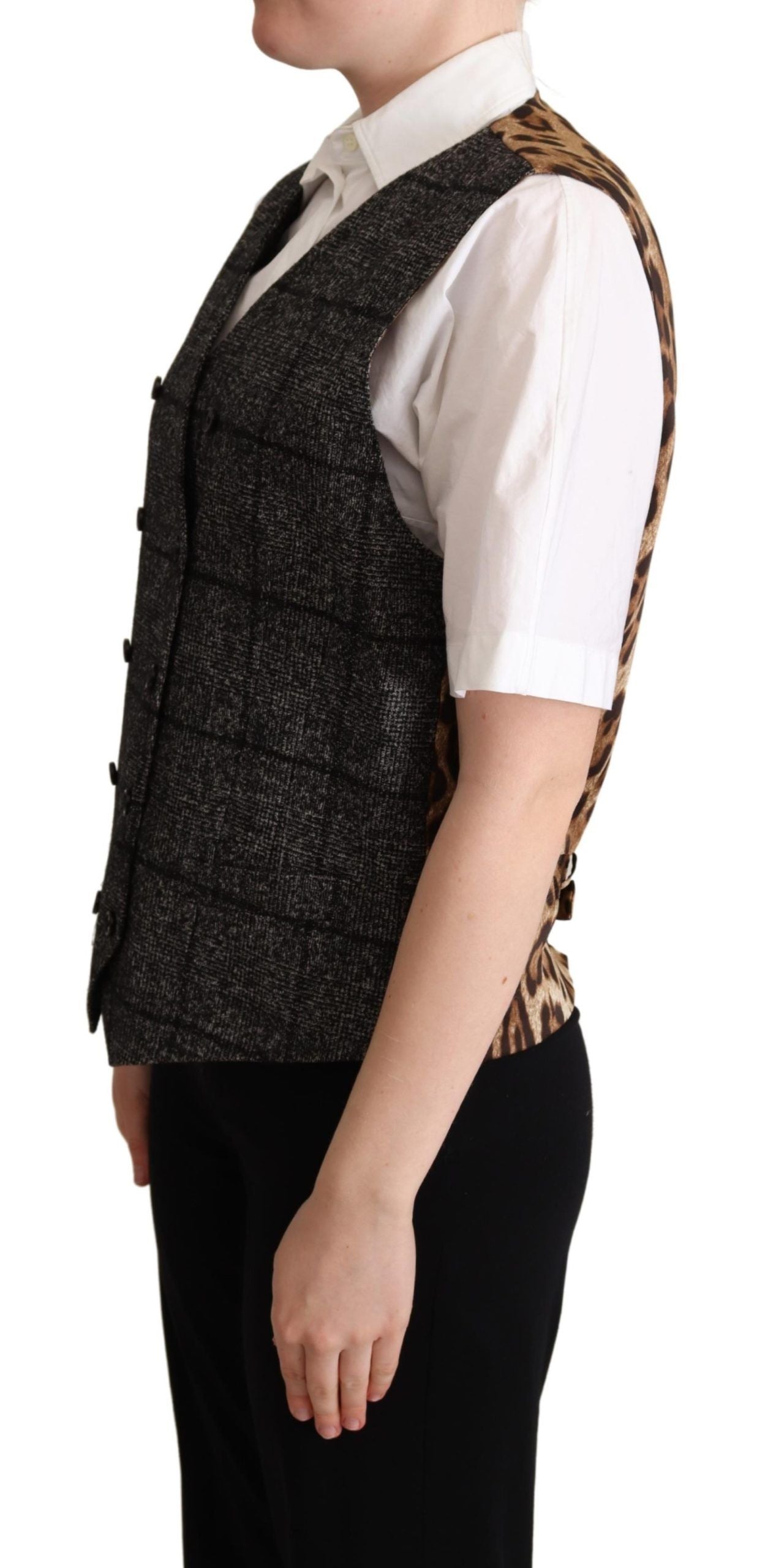 Gray wool leopard print waistcoat vest by Dolce & Gabbana featuring tailored fit and luxurious fabric.