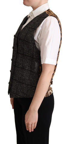 Gray wool leopard print waistcoat vest by Dolce & Gabbana featuring tailored fit and luxurious fabric.
