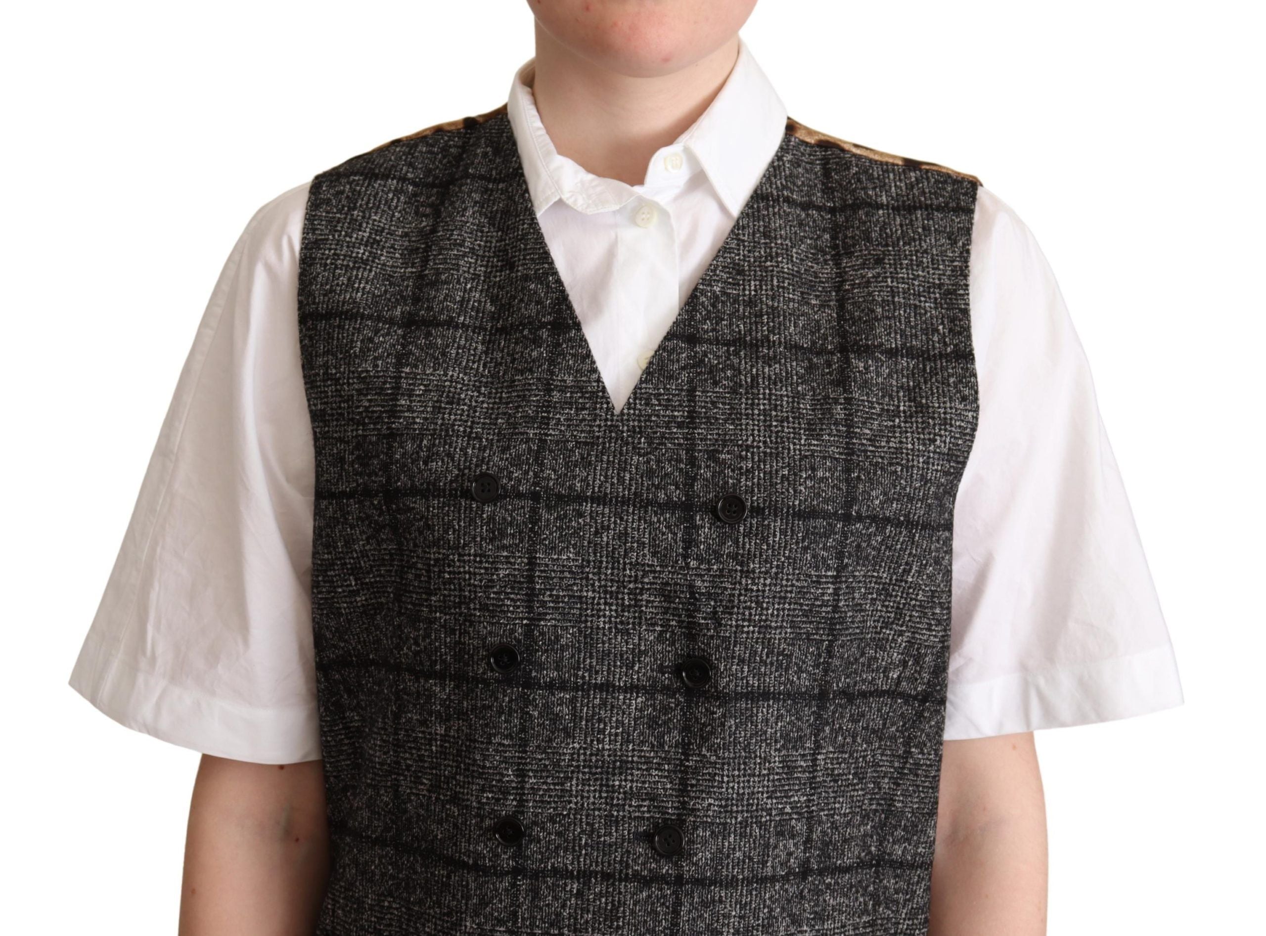 Gray wool leopard print waistcoat vest by Dolce & Gabbana, featuring tailored fit and stylish animal print detail.